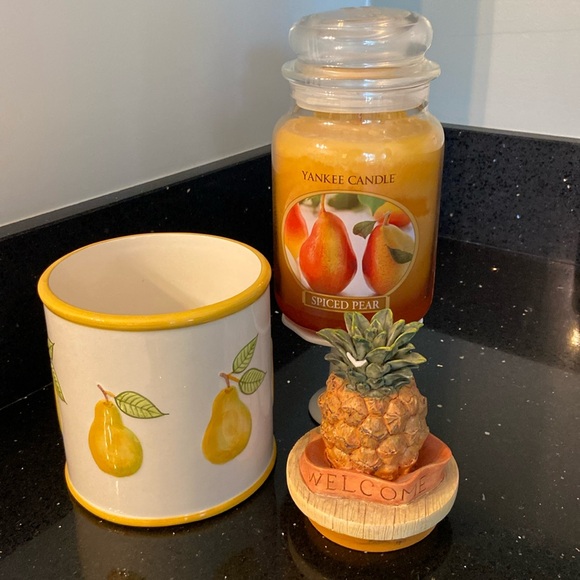 Yankee Candle Other - TRIO Yankee Candle: Pears Jar Holder, Spiced Pear Jar Candle, Pineapple Topper